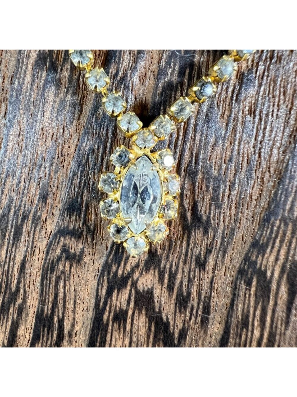 Gold-Tone Rhinestone Necklace With Oval Pendant & Chain Link Design - Picture 2 of 3